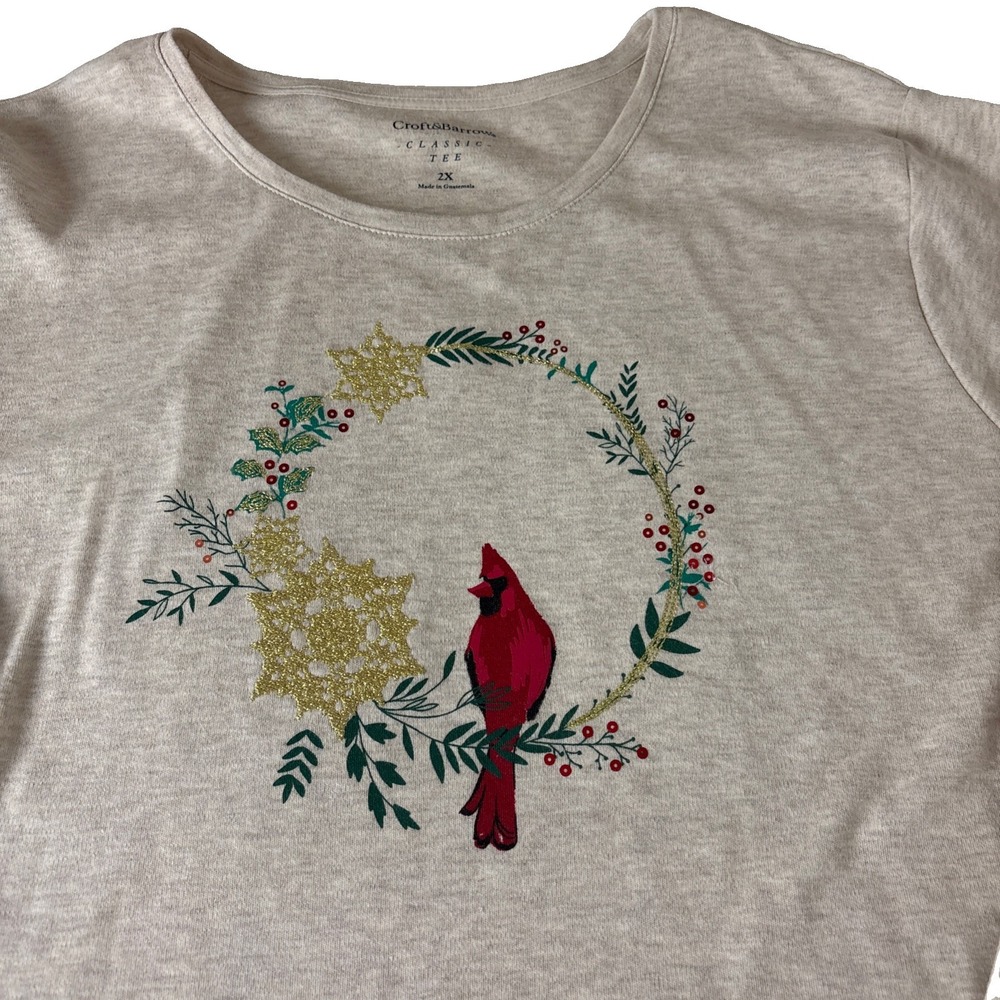 Croft & Barrow Classic Tee Shirt Top Size 2X Christmas Cardinal Wreath Long slv